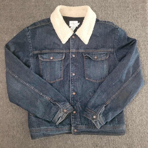 Calvin klein men's denim jacket jeans sz XL fur dark wash button up long sleev - Picture 1 of 14